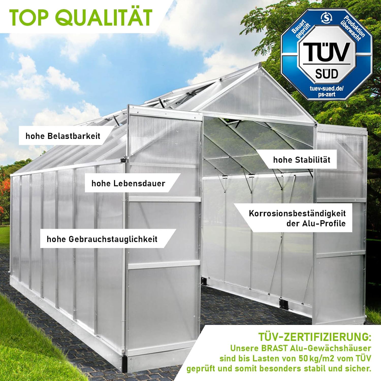 BRAST Aluminium Greenhouse with Base 430 x 250 x 235 cm. TÜV Tested. 6 mm Hollow Chamber Panels. Rustproof/Weatherproof/Temperature-Resistant collection | LIDL
