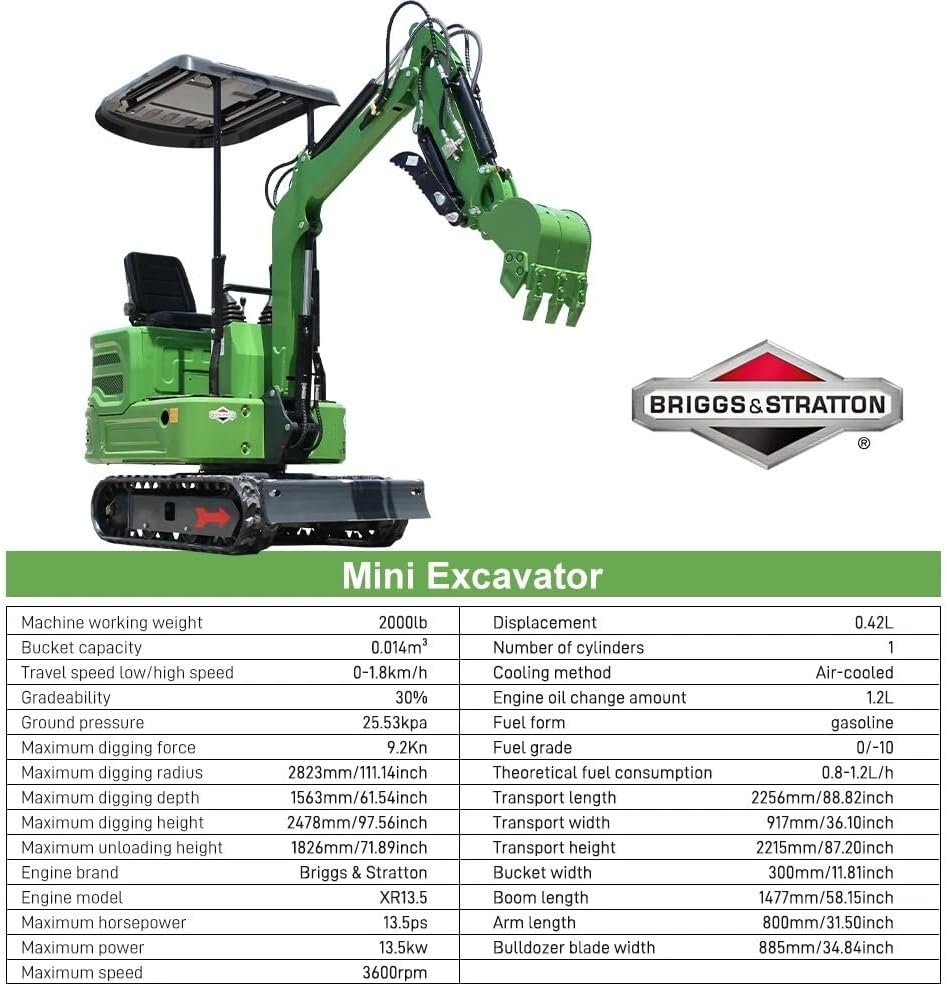 Domestic Gasoline Mini Excavator for Fathers Day. 1.2 Tons Crawler Digger with 13.5 HP B&S Engine. Hydraulic Thumb Clamp and Buckets. Work for Farm.Garden.Park.Construction Landscaping (Green1) collection | LIDL