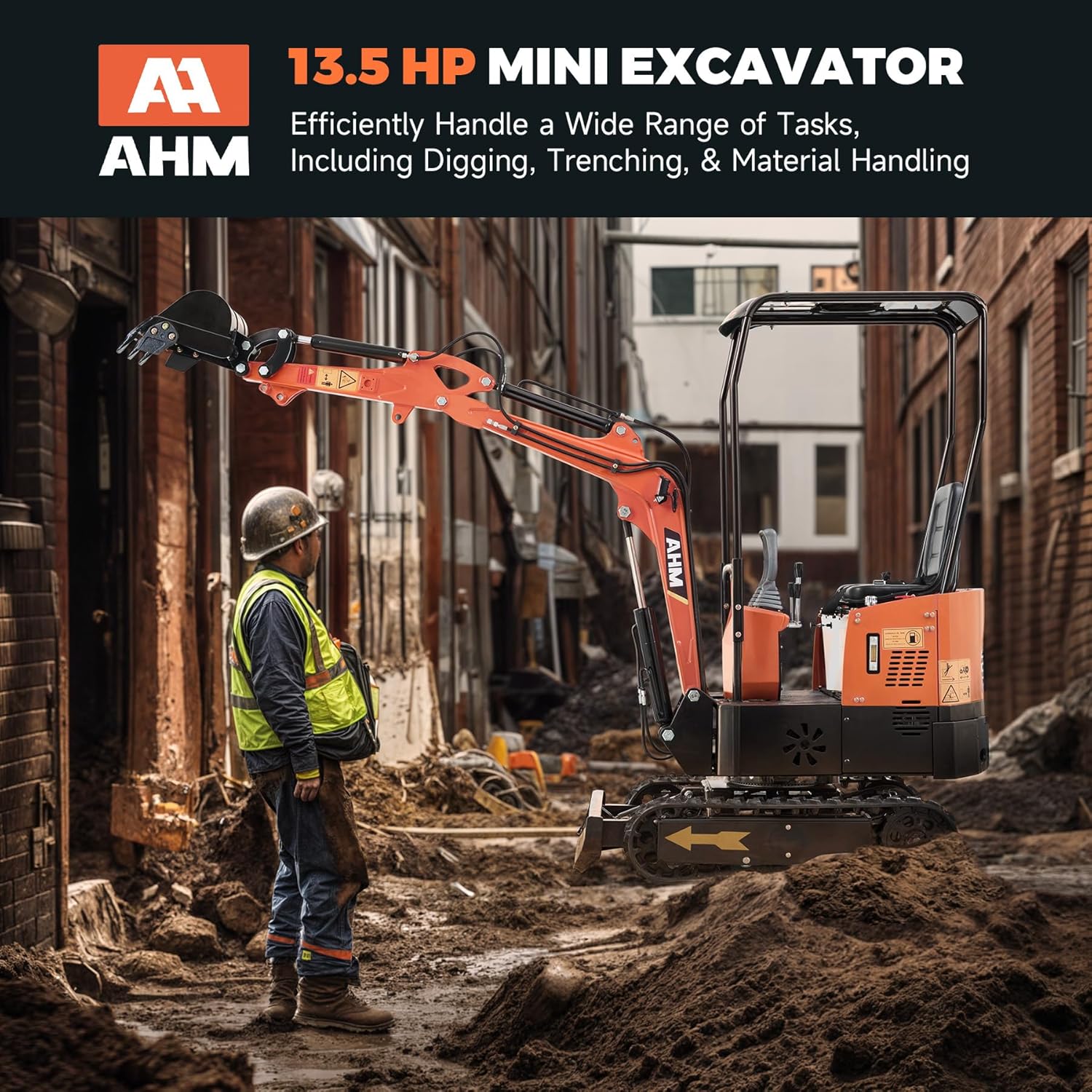 AHM Mini Excavator Machine. 1 Ton Mini Crawler Excavator with 13.5 hp EPA Certified Engine & All-Terrain Tracks. Trench Digger with Canopy & Adjustable Seat for Garden Farm Park Construction Site collection | LIDL
