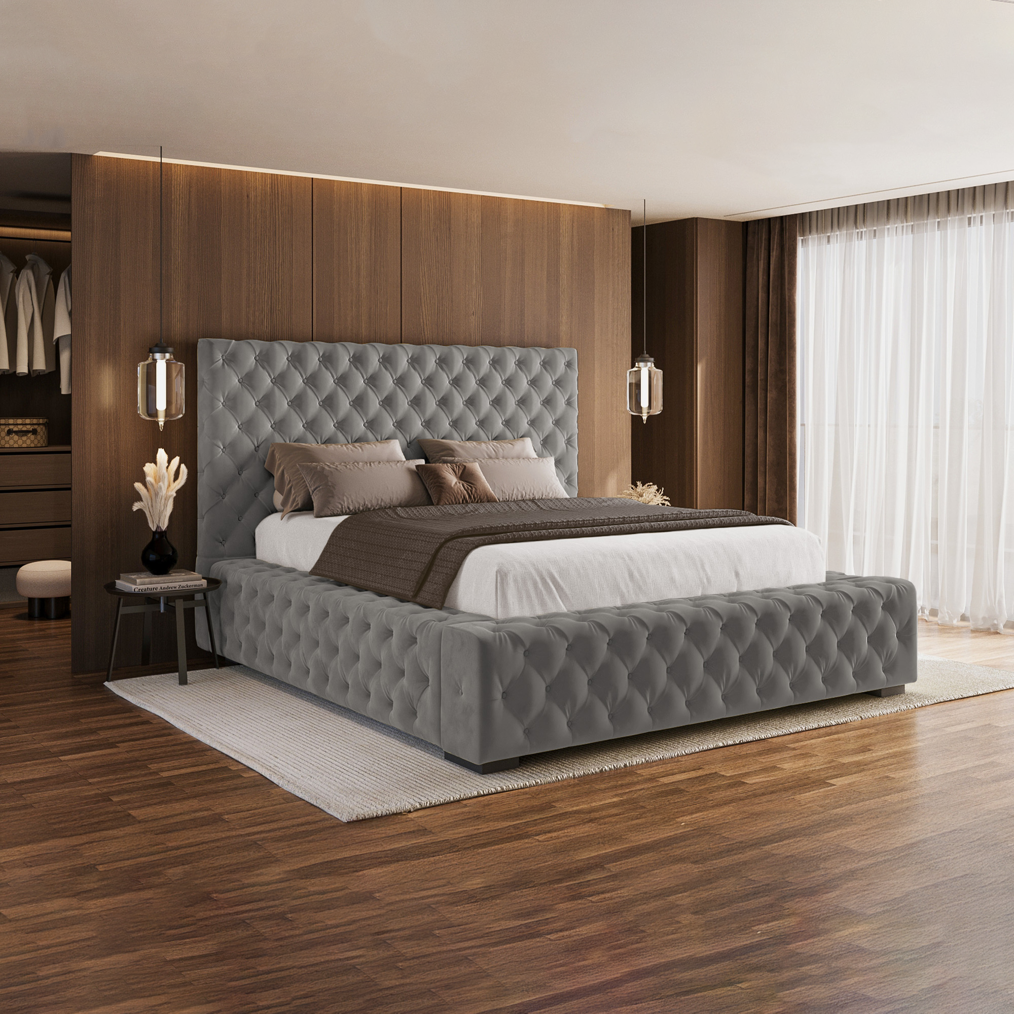IDALINE grey velvet upholstered storage bed 160 x 200 cm collection | LIDL