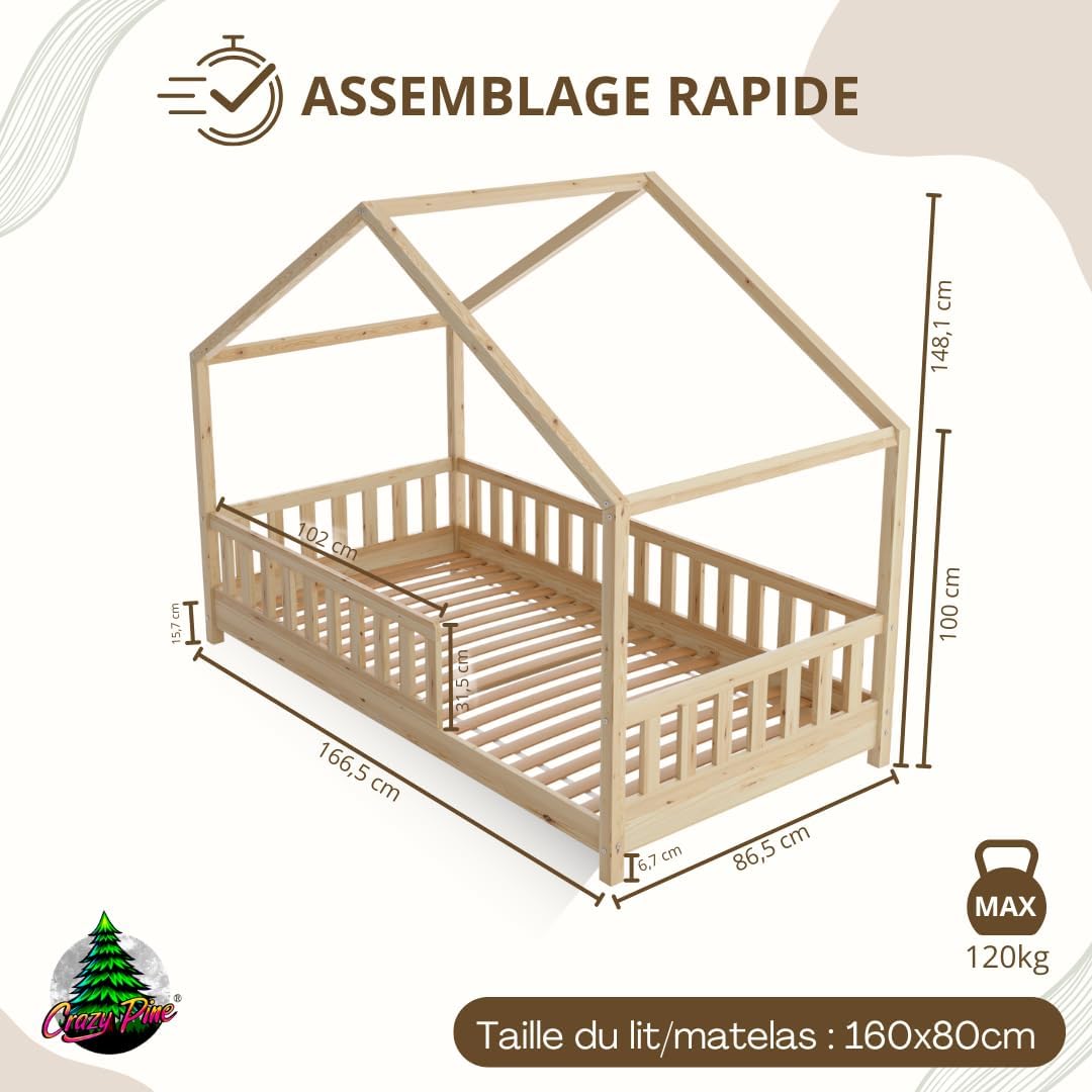Crazy Pine Cabin Bed 160x80 cm – Natural Wood Children's Bed with Barrier – Montessori Floor Bed with Height-Adjustable Legs and Removable Barrier - Crazy House collection | LIDL
