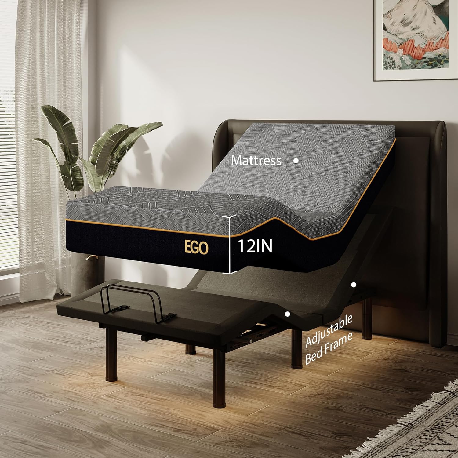 Split King Adjustable Bed Frame and 14 Memory Foam Mattress. Independent Head and Foot Incline Electric Bed with Massage. Wireless Remote. Zero Gravity. LED Lights. USB Ports. Adjustable Legs collection | LIDL