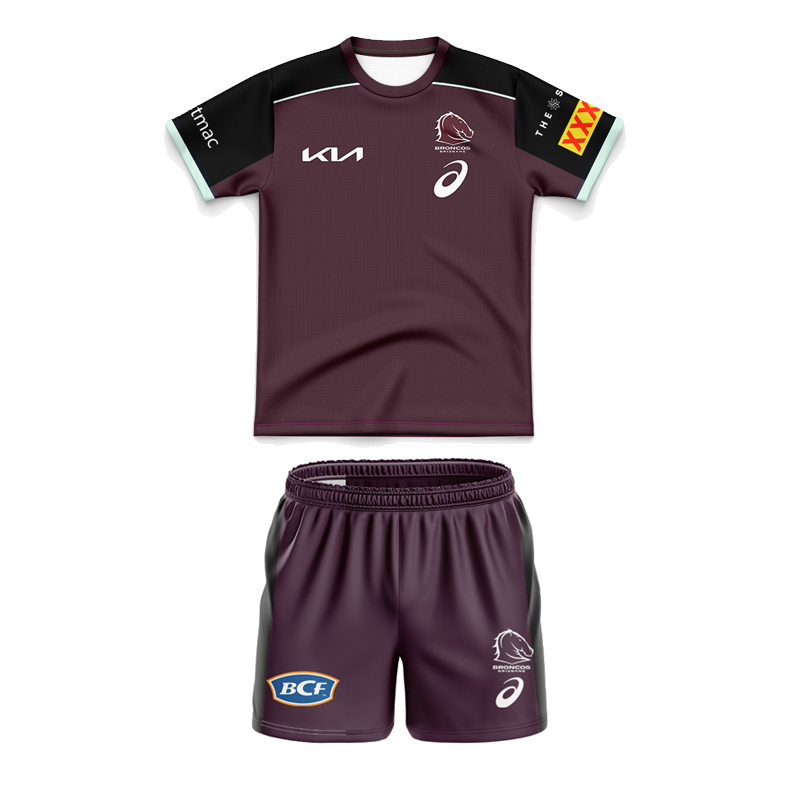 Kid's NRL Brisbane Broncos 2025 Maroon Training Jersey+Shorts
