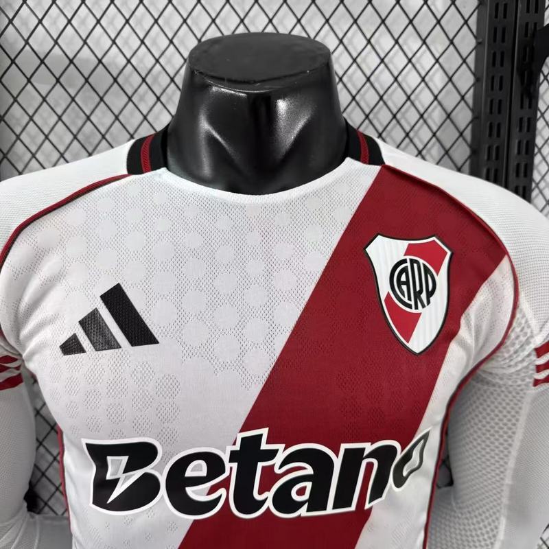 River Plate Authentic Soccer Jersey Home Long Sleeve Shirt 2025/26 - With Sponsors