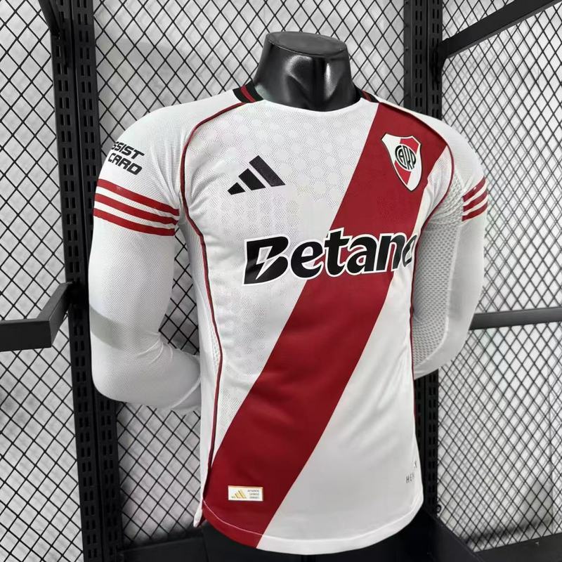 River Plate Authentic Soccer Jersey Home Long Sleeve Shirt 2025/26 - With Sponsors