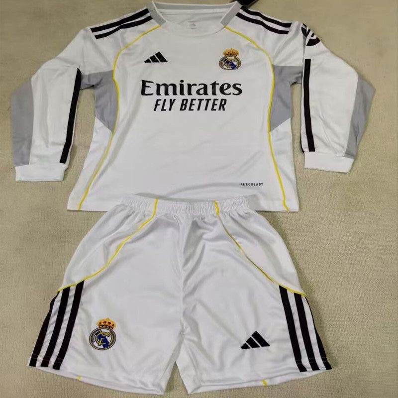 Real Madrid Soccer Jersey Home Kids Kit Long Sleeve Jersey+Shorts 2025/26