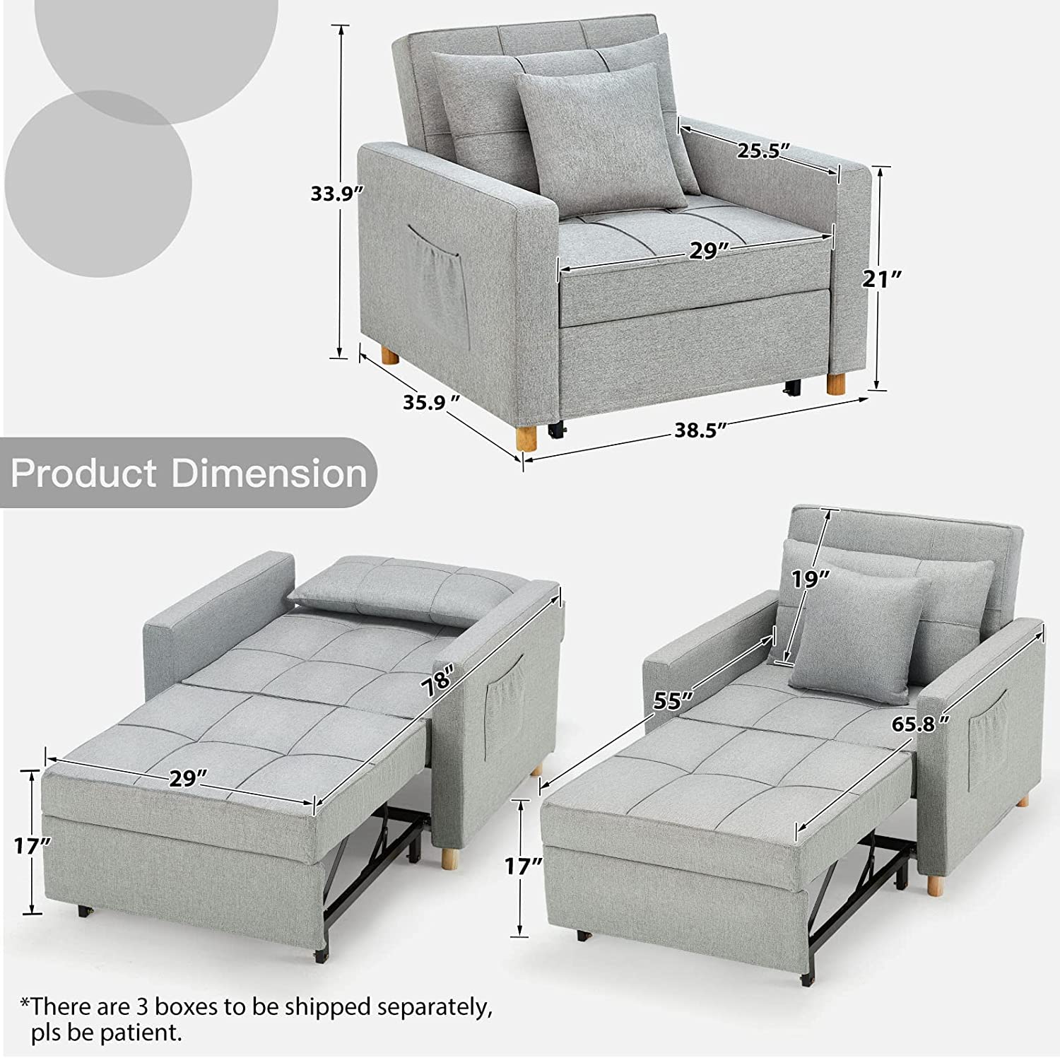 40 Inch 3-in-1 Convertible Chair Bed.Sofa Bed.