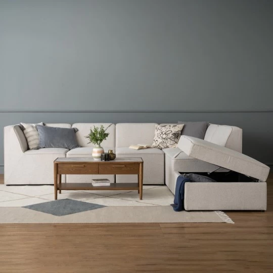 L-Shaped Modular Sofa with Storage Ottoman. Beige