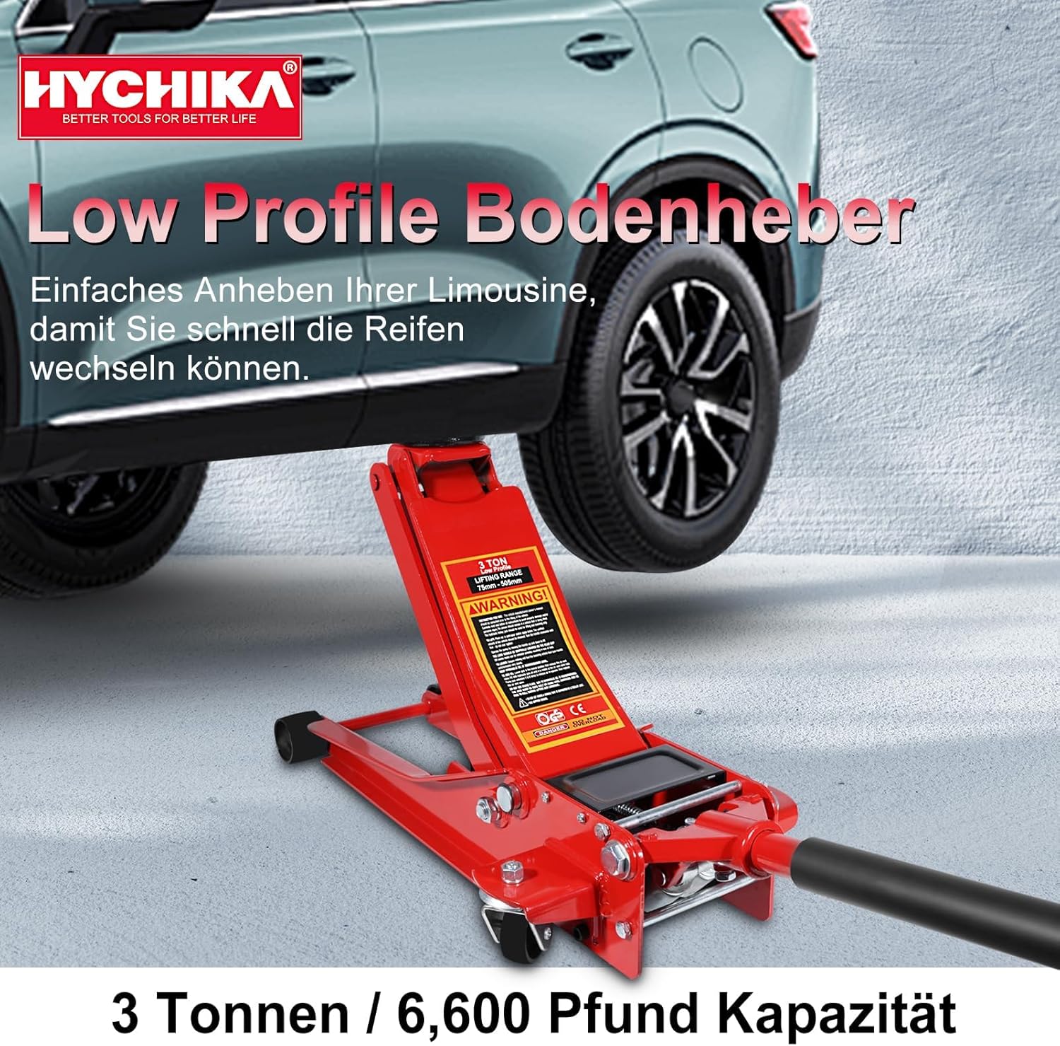 HYCHIKA Steel Racing Trolley Jack. Ultra Low Profile Jack with Dual Piston Quick-Acting Pump. 3 Ton (6.600 lb) Capacity. Lifting Range 3-18.3 inches